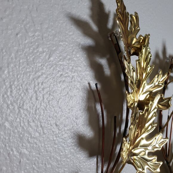 Vintage MCM Gold Metal Candle Holder Wall Scones Leaf Fall Wall Hanging Set Of 2 - Picture 3 of 12